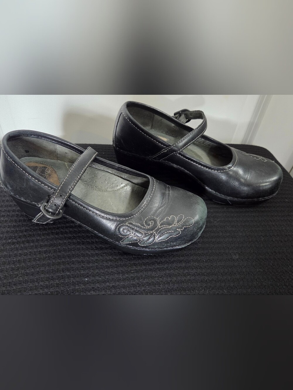 Girls Black Mary Jane Shoes with Floral Stitching- DANSKO